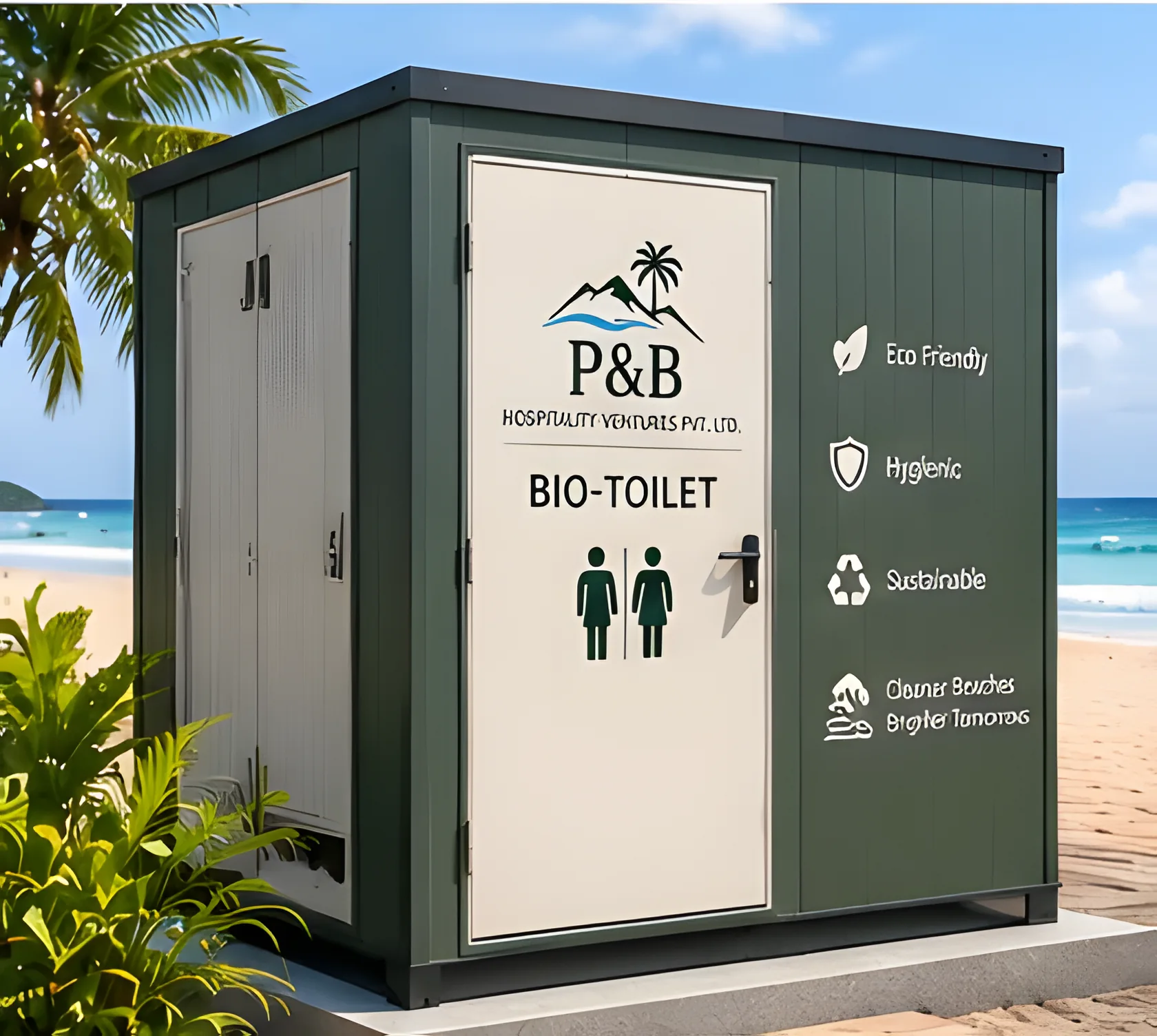 Single green bio-toilet unit on a boardwalk