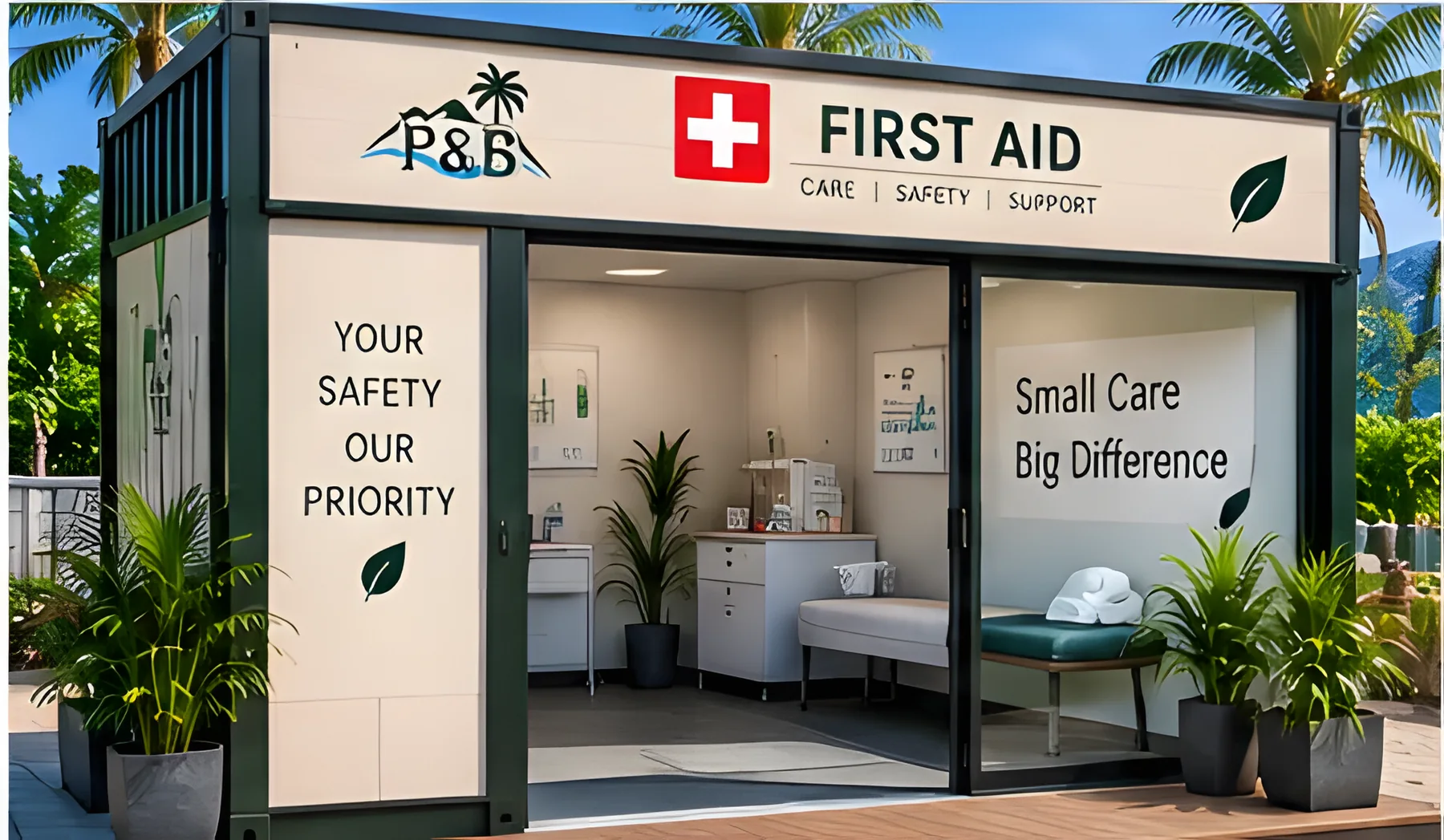 Container first-aid room with a treatment bed
