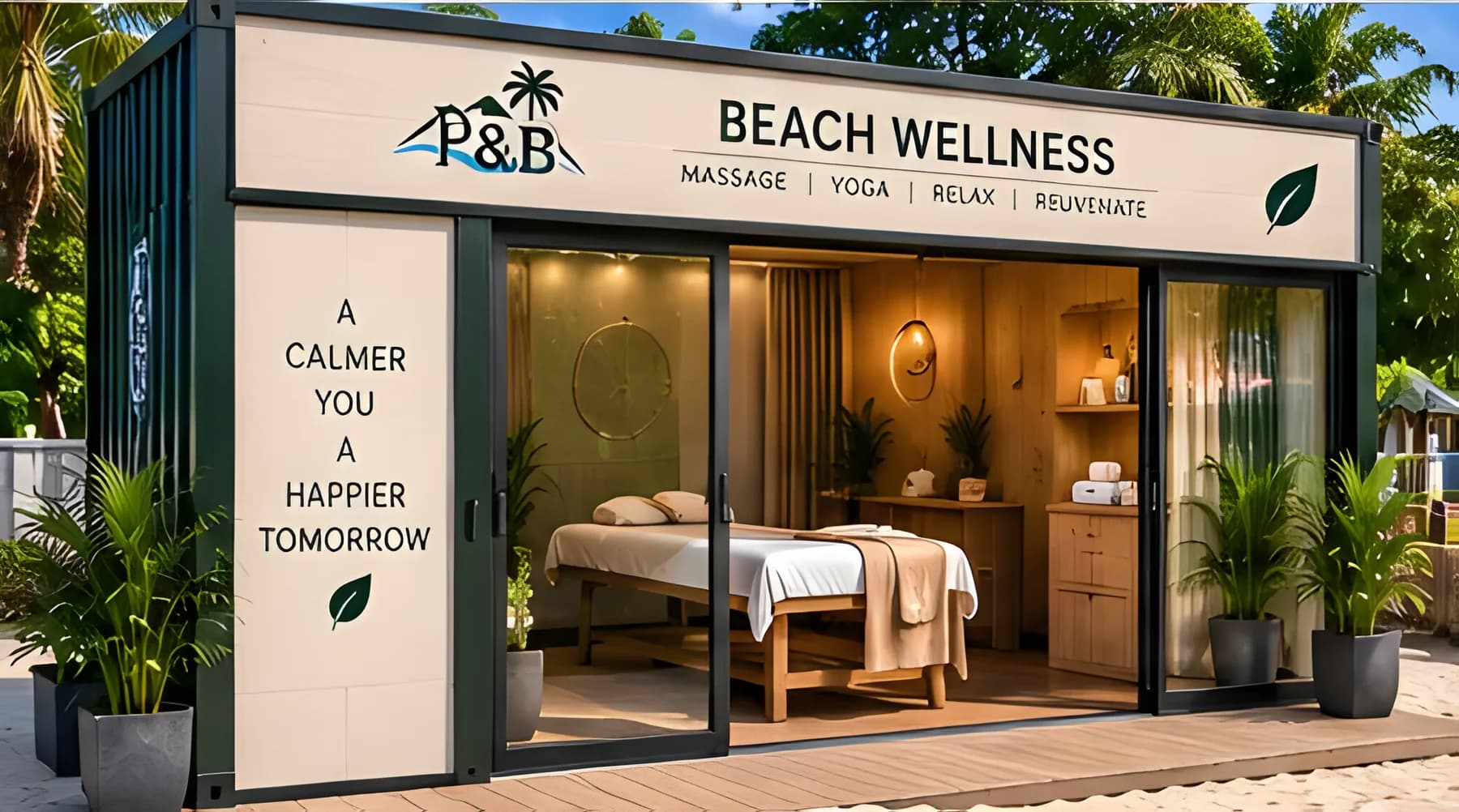 Container wellness room with a massage table