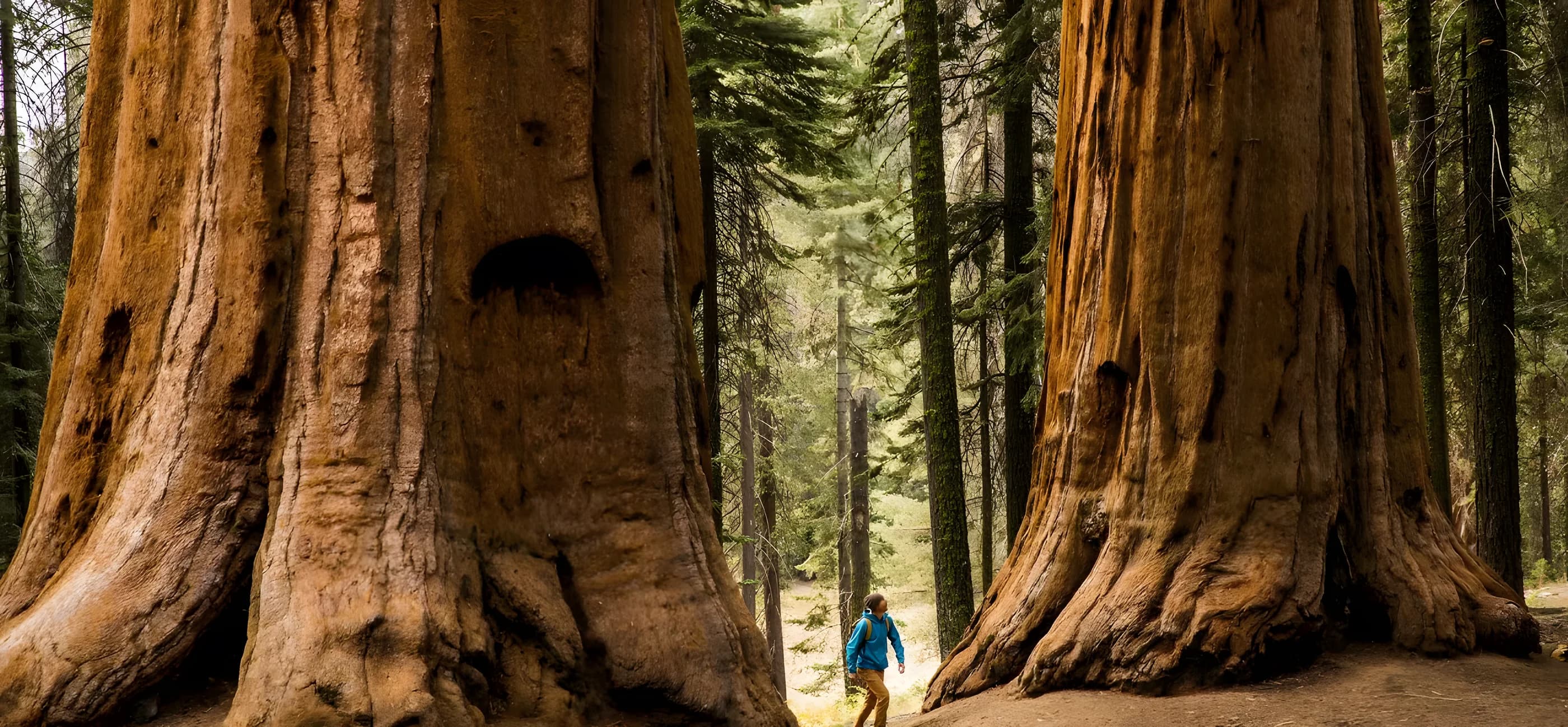 A hiker walking among giant redwood trees