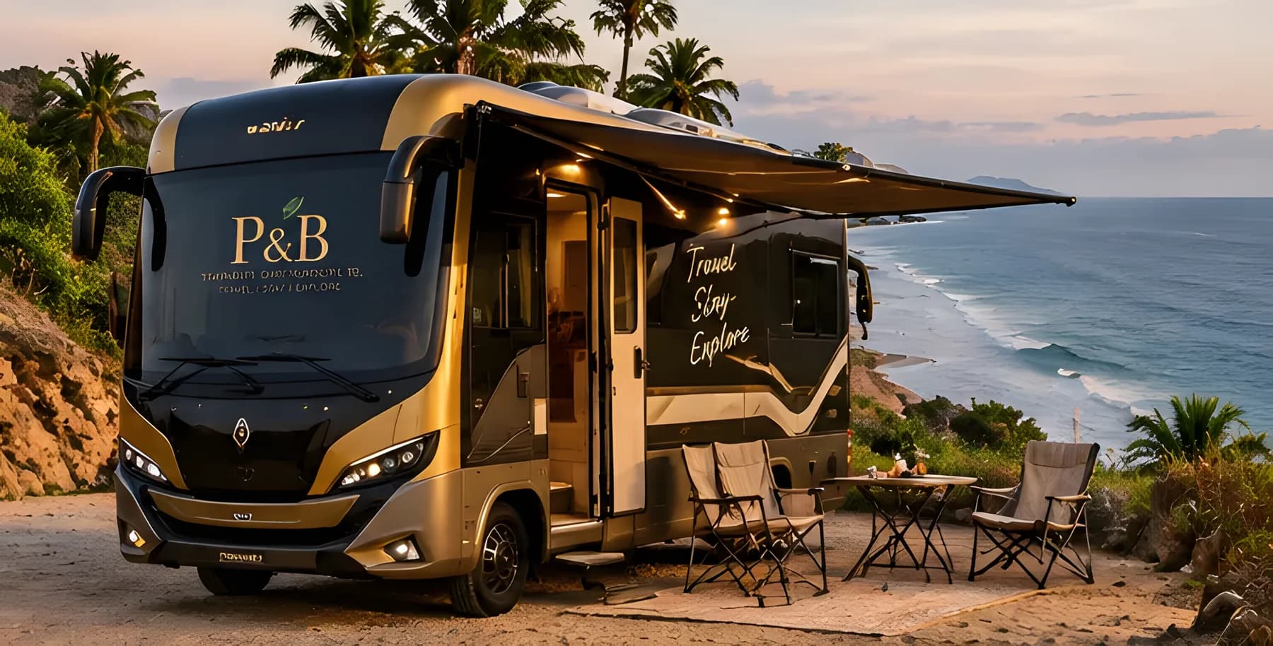 Gold-and-black P&B motorhome parked above the sea