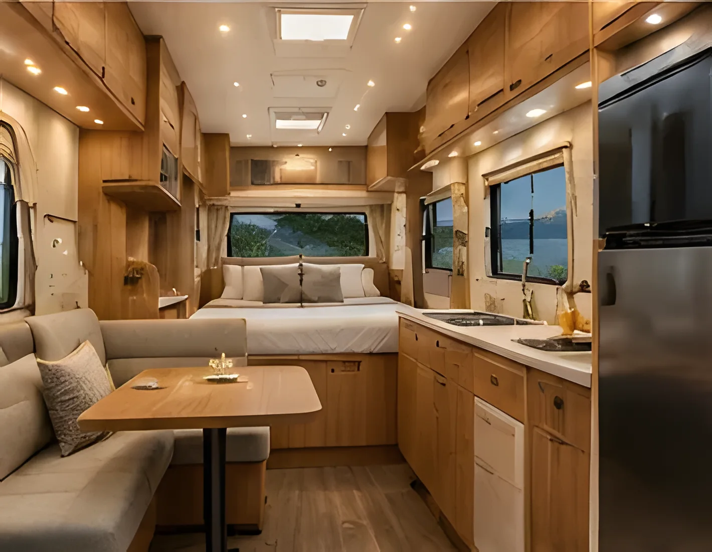 Timber caravan interior with lounge, kitchen and bed