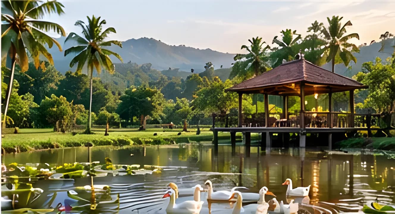 Ducks on a pond in front of a gazebo