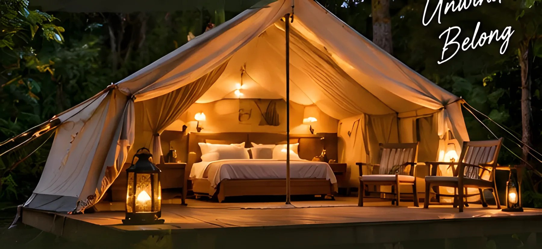 Furnished canvas tent with lanterns in the jungle