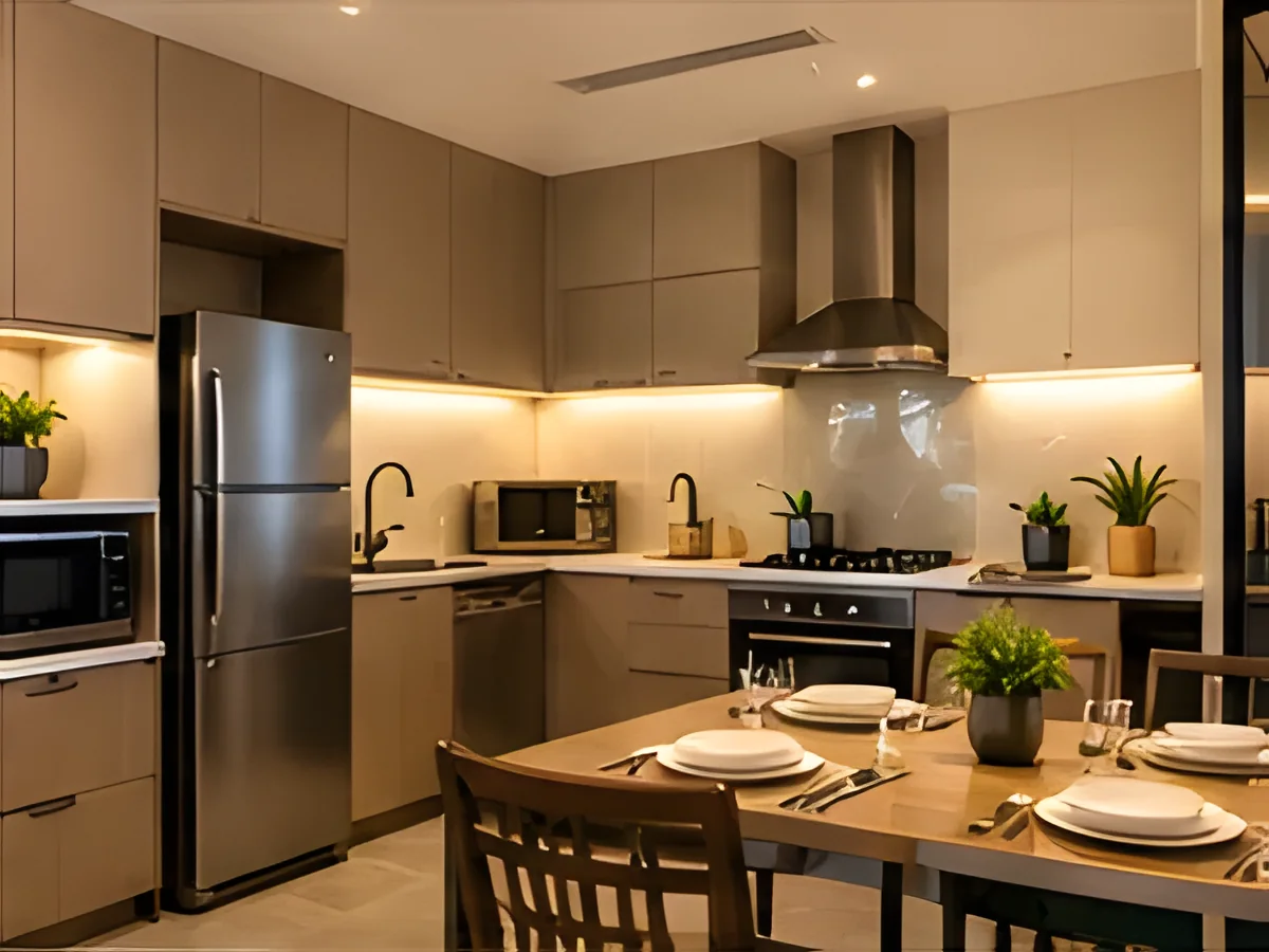 Modern kitchen with dining table set for four