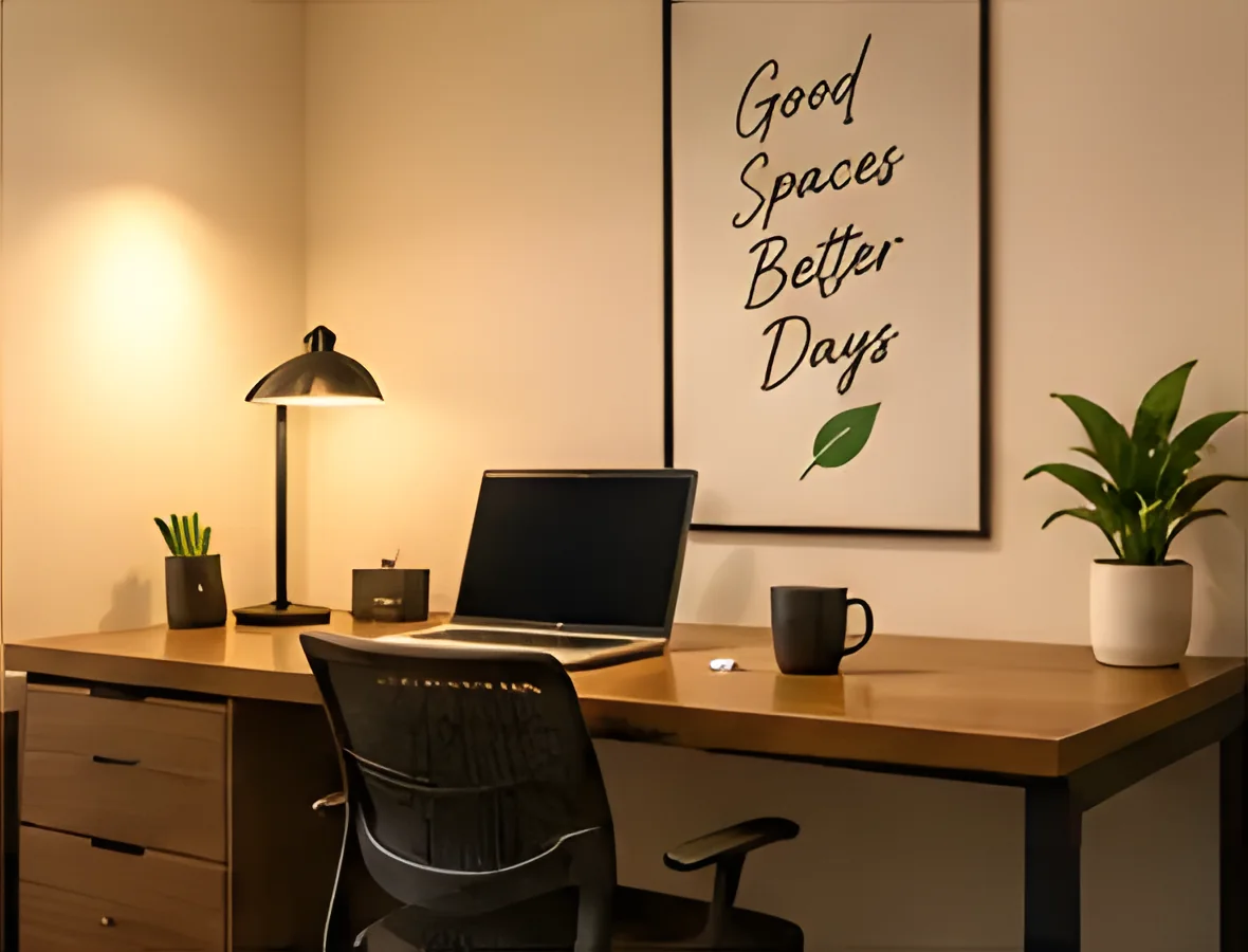Desk with laptop and lamp