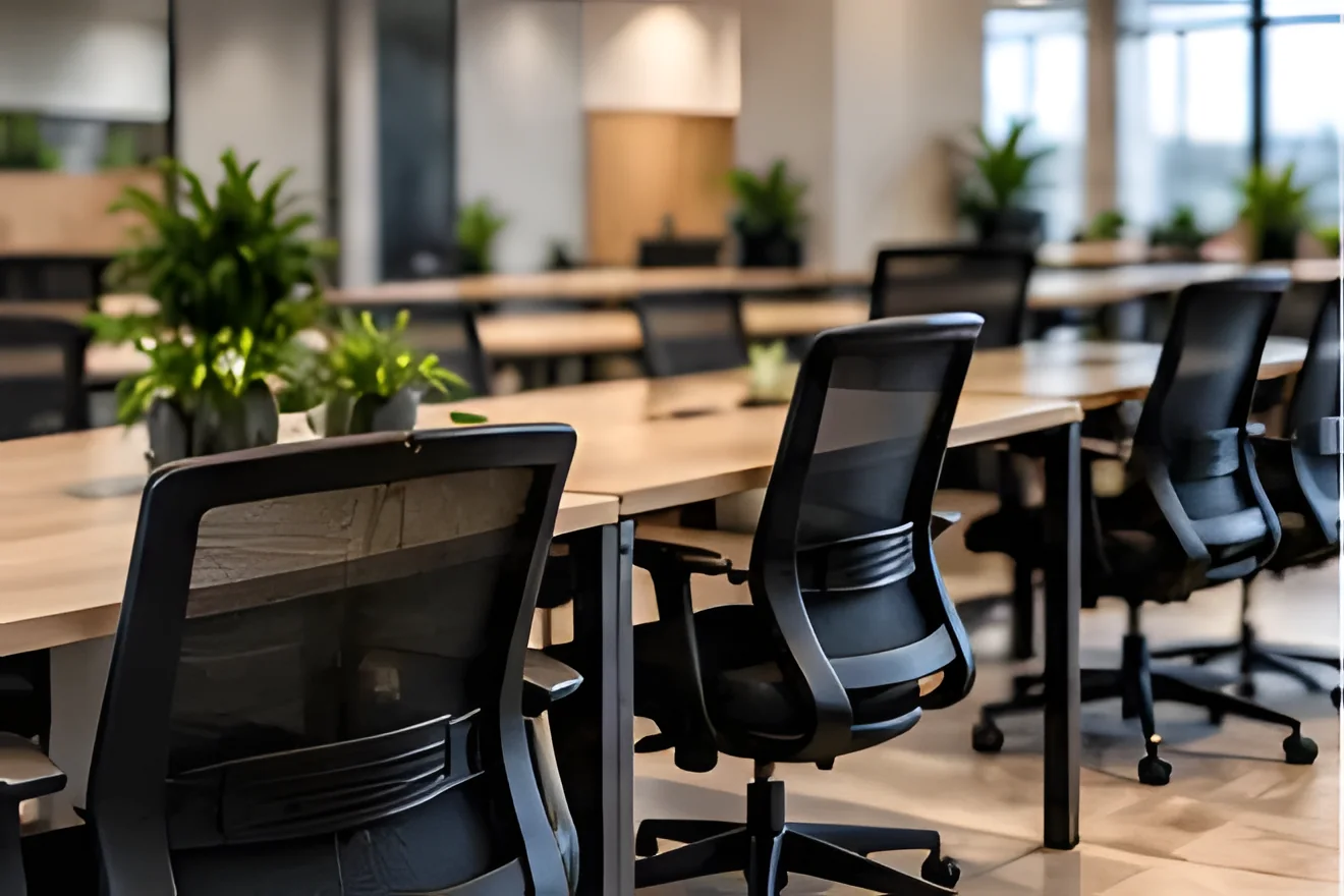 Rows of hot desks with ergonomic chairs